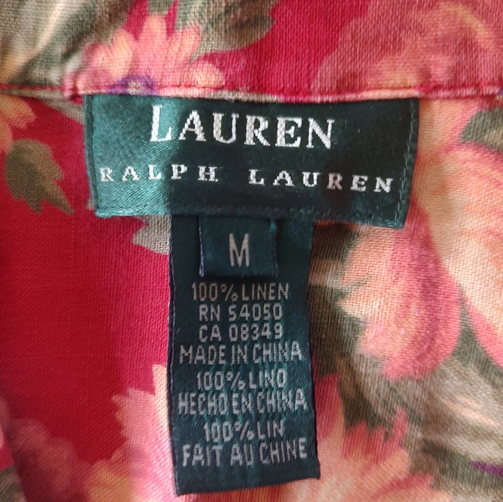 Lauren Ralph Lauren Floral Red Short Sleeve Shirt Linen Medium - Picture 2 of 5
